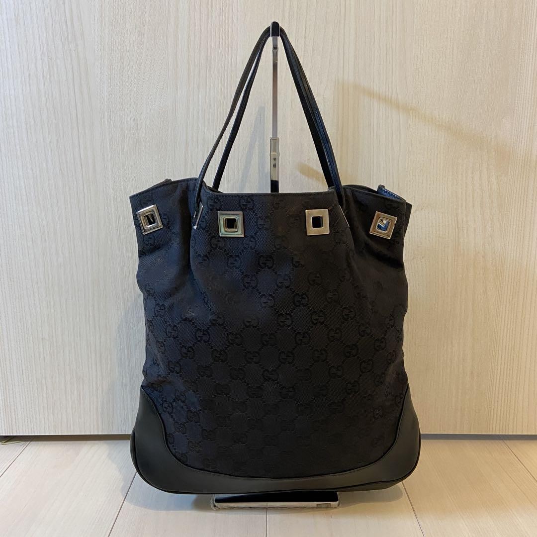Gucci GG Canvas Leather Tote Bag Black Silver Hardware Drawstring 13 in tall