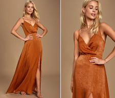 LULUS Constantine Rust Satin Cocktail Wedding Guest Bridesmaid Maxi Dress XSmall