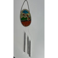Stained Glass Wind Chime Cat Butterfly Window Garden Decor Metal Tubes 1989