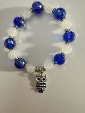 Blue Faceted Bead Stretch Bracelet with White Gemstone Beads  Silver Owl Charm