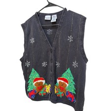 Vintage Bobbie Brooks Christmas Sweater Vest Black Teddy Bear Size 18W/20W