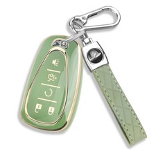 for Chevy Key Fob Cover with Leather Keychain 5-Buttons Leather Gold/Green