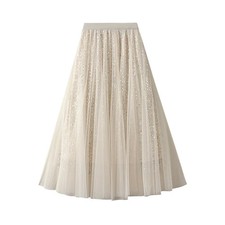Luxury Sequin Mesh Elegant Long Skirt Women Spring Autumn Fashion High Waist Swe