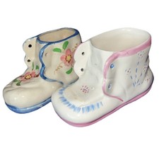 Vintage Hand Painted Ceramic Baby Boot Planter, Floral, White Pink Blue Japan