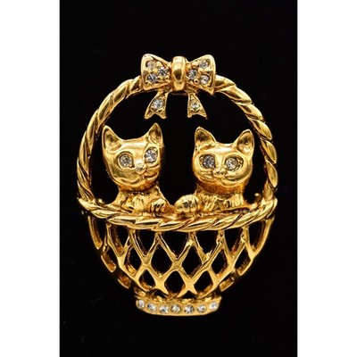 Vintage Cat Kitten Basket Bow Pin Brooch Heavy Gold Rhinestone Crystal 80s BinAP