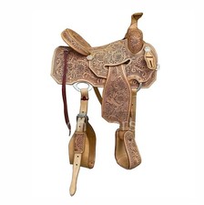 Tan Western Barrel Saddle Floral Hand Tooled padded Hard seat Sunflower Conchos