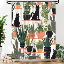 Plants And Cat Shower Curtain Black Kitty Cats Stall And Boho Potted Green Ca...