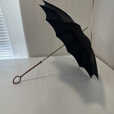 Vintage 1950s Italian Brass Bamboo Handle Umbrella Parasol Black Nylon