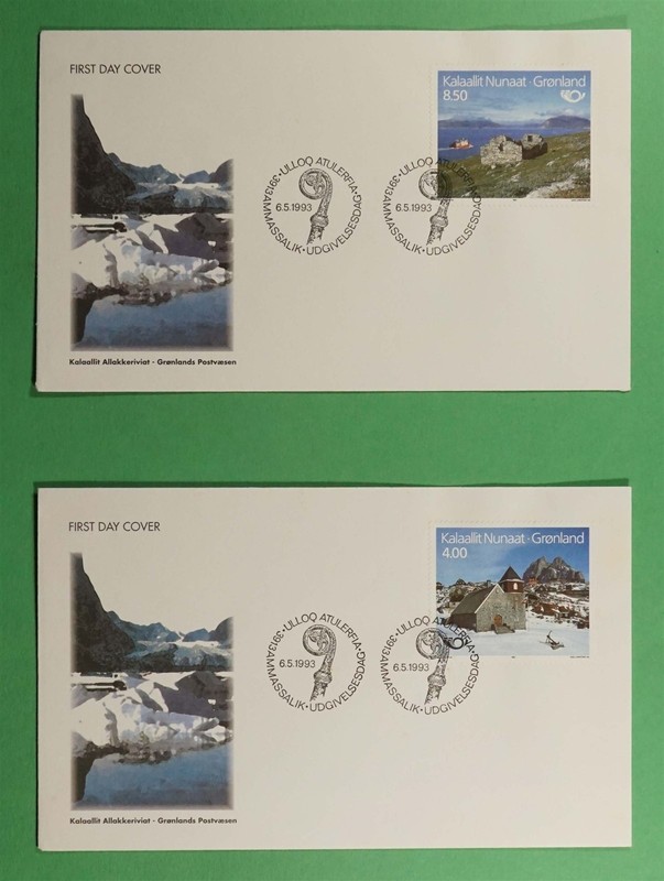 DR WHO 1993 GREENLAND 2 FDC LANDSCAPE BUILDING R82428