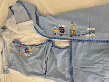 POTTERY BARN KIDS Ryder Crib Skirt Cotton Blue White Striped Train Animals