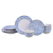 12-Piece Porcelain Dinnerware Set for 4, White & Light Blue Plates and Bowls ...