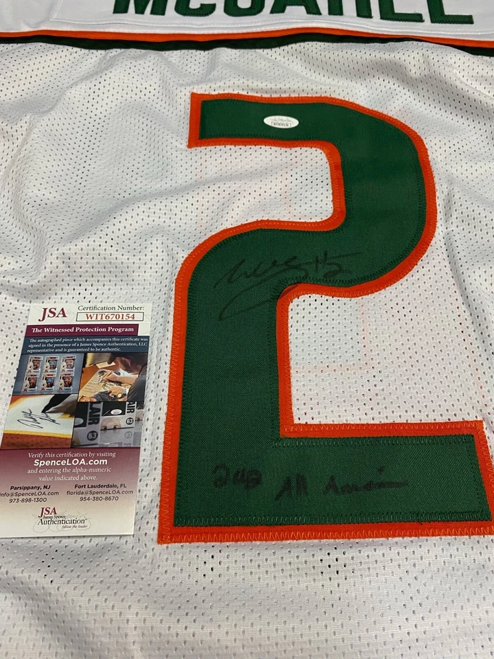 CAMISETA COSIDA FIRMADA POR WILLIS MCGAHEE DE LOS HURACANES DE MIAMI CERTIFICADO DE AUTENTICIDAD JSA + INSC. Foto 2 de 3