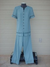 Vintage Ladies Leslie Fay Sage Green Lattice Trim Top 2 PC Pantsuit Size 8