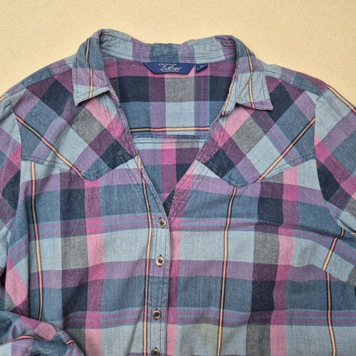 Great Northwest Indigo Women's V-Neck ¾ Sleeve Barrel Cuff Plaid Shirt Sz XXL - Picture 2 of 6
