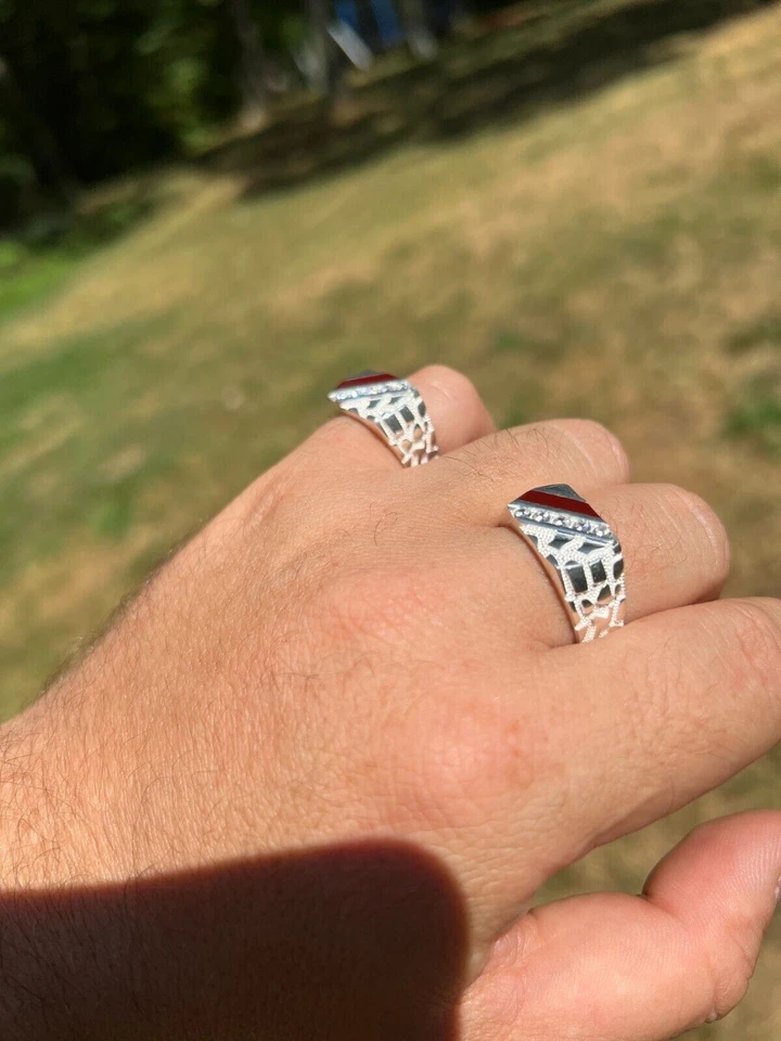 Mens Real Solid 925 Silver Nugget Ring Red Stone CZ Iced Hip Hop Sz 6-13 - Image 2 of 4