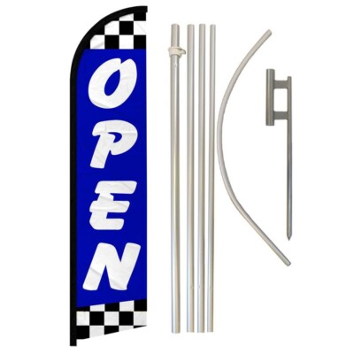 Open Blue Checkered Windless Full Curve Advertising Open Banner Flag & Pole Kit