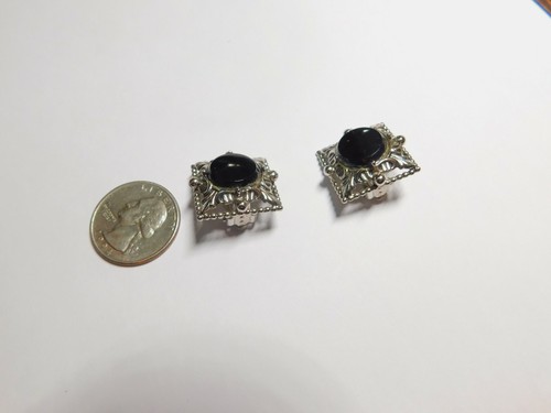 Signed Whiting & Davis Black Glass Silver Tone Metal Clip On Earrings Vintage - Picture 4 of 6