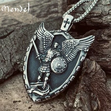 MENDEL Mens Christian Shield Cross Archangel Angel Michael Pendant Necklace Men
