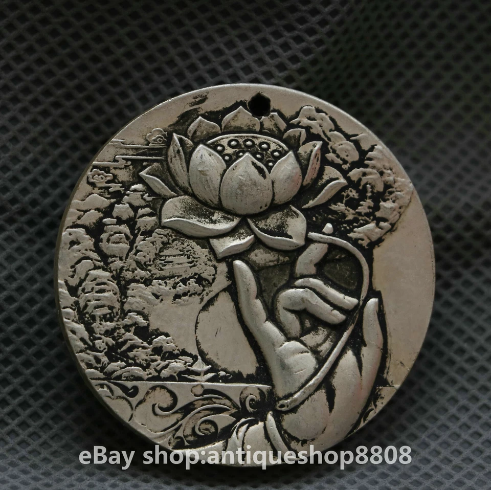 Китайский серебряный кулон-амулет Будды Бодхисаттвы Самантабхадры Гуань Инь 1,77 дюйма - Изображение 2 из 2