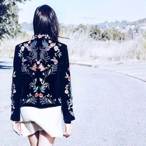 A856 ZARA VELVET BLAZER BLACK EMBROIDERED FLORAL KIMONO COAT JACKET MEDIUM - M - Picture 6 of 24