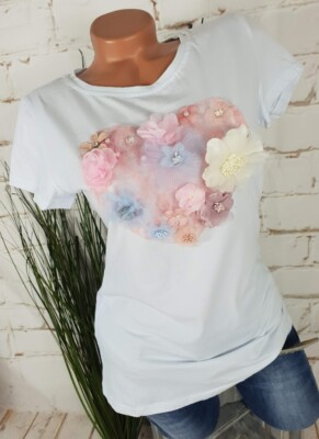 NEU ''TIMIAMI'' ITALY TOP T-SHIRT  3D BLÜTEN HERZ PERLEN CHIC WEIß 36-40