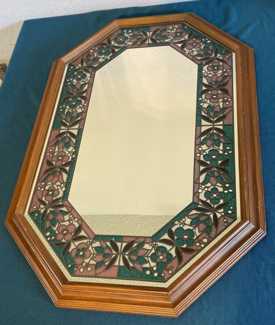 Vintage Octagon Wall Mirror Etched Floral Stained Glass Style Framed 31”x21”