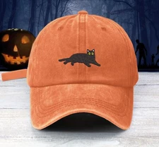 BLACK CAT  EMBROIDERED UNSTRUCTURED BASEBALL CAP SCARY HALLOWEEN BLACK CAT