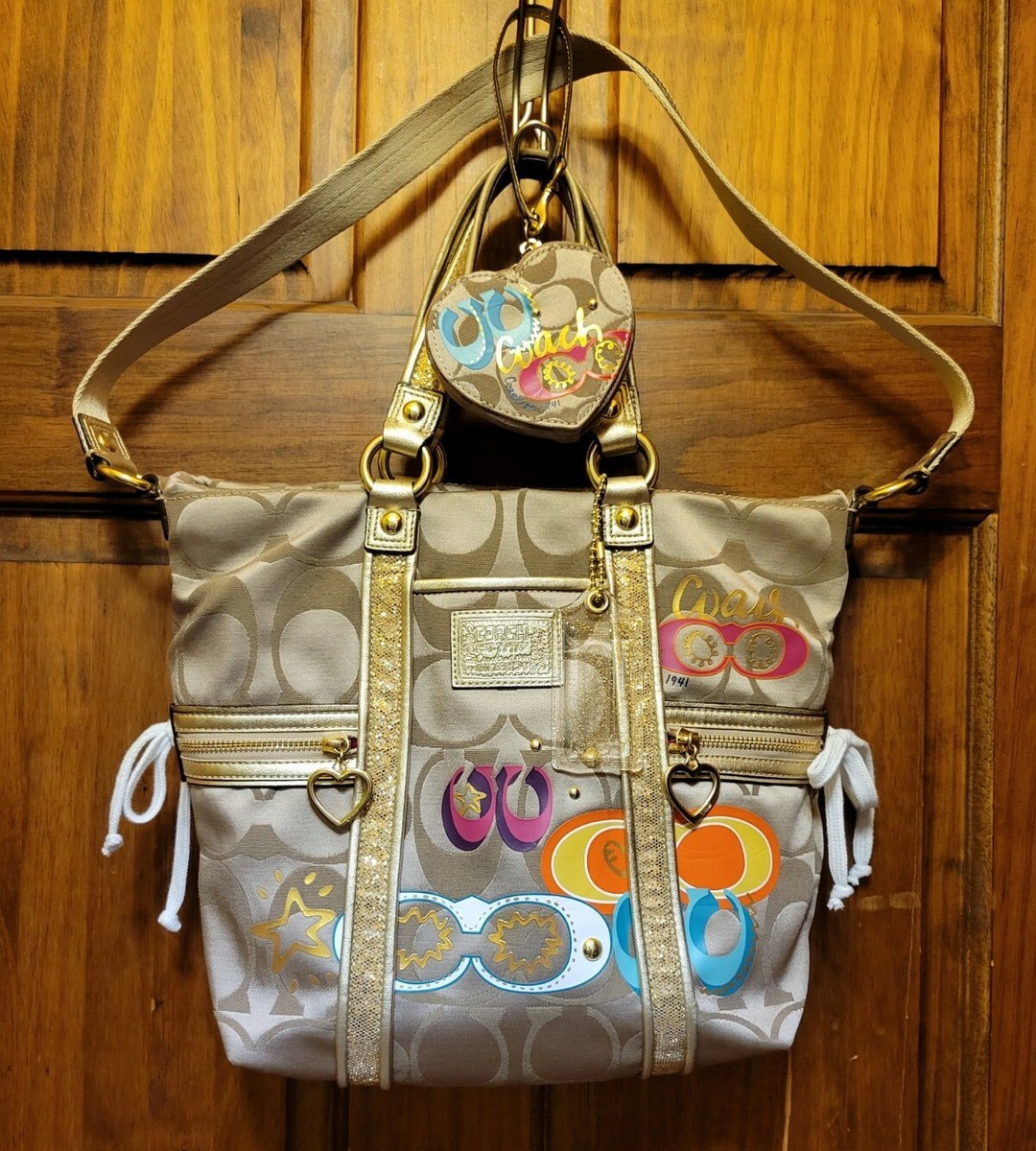COACH Poppy バッグ ネイビー/ゴールド Authentic COACH Poppy #15304 Gold Leather & Gold Sparkle