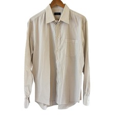 Canali Mens Dress Shirt Size 17 34/35 Beige Striped Classic Fit Italy Cotton