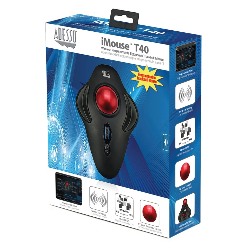 ADESSO IMOUSET40 2.4Ghz Wireless Programmable Ambidextrous Ergonomic Trackball - Image 3 of 4