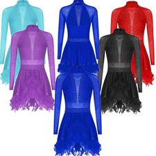 Women Dancewear Skating Dress Samba Skirt Dance Irregular Hem Leotard Shiny