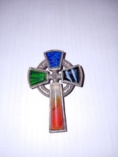 Vintage Miracle Pendant & Brooch, Celtic Cross Agate styled glass, signed