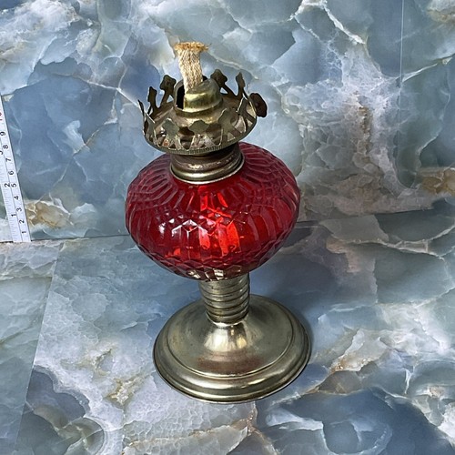 Vintage Brass Pedestal Red Diamond Pattern Oil Lamp No Shade - Picture 4 of 10
