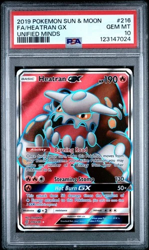 2019 POKEMON SUN & MOON UNIFIED MINDS #216 FULL ART/HEATRAN GX PSA 10