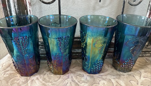 Vintage Estate 4-Colony Harvest Carnival Iridescent Blue Glasses Grapes Ivy Set - Picture 3 of 8