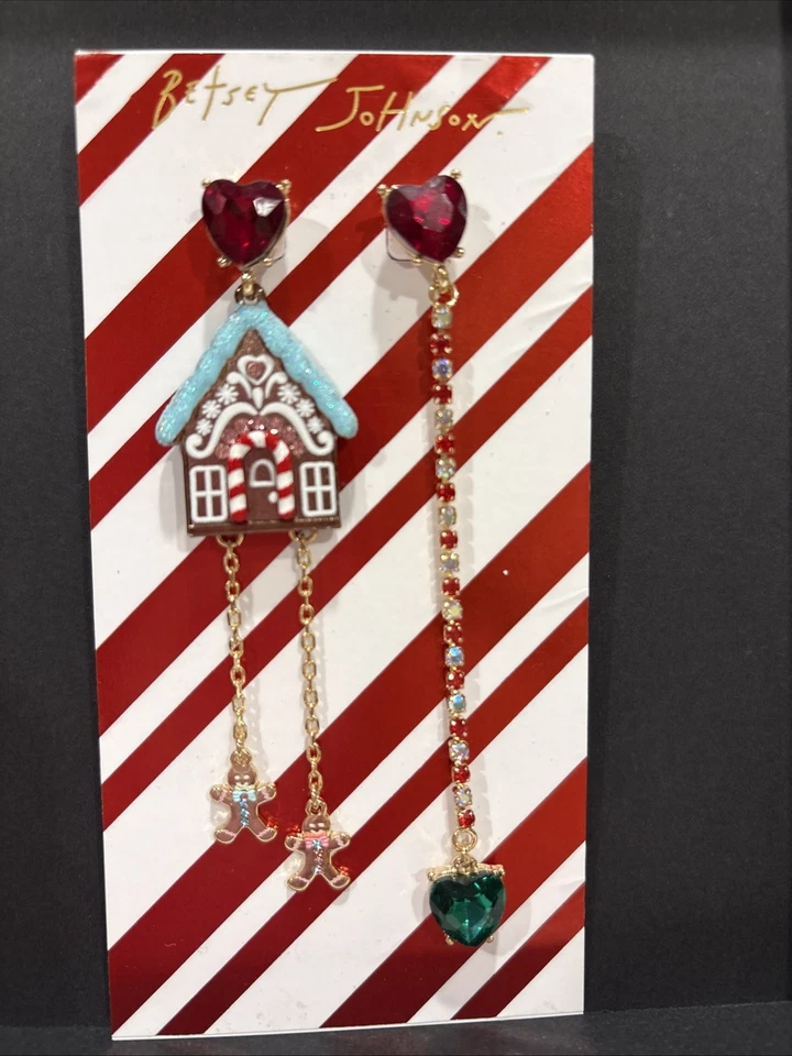 Betsey Johnson Jingle Bell Bling Gingerbread House Mismatch Boy Girl Earrings - Image 3 of 4