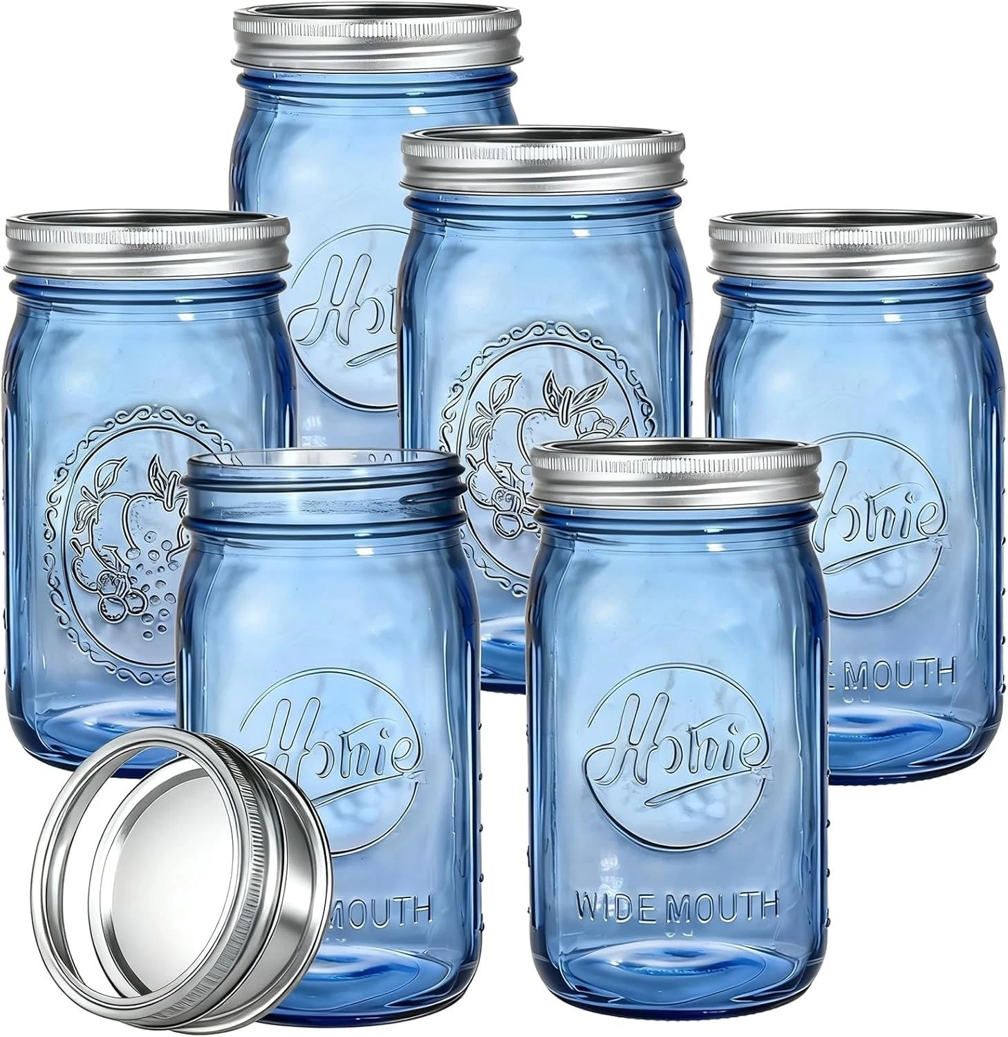 6 Pack 32Oz Vintage Blue Home Mason Jars with Airtight Lids & Bands, Wide Mouth