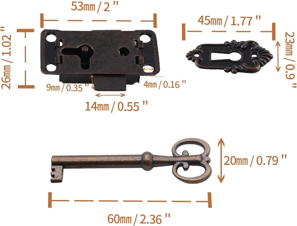 2 Juegos Cerradura Llave Esqueleto Decorativa Antiguo Rojo Bronce Cerradura Gabinete con Llave para Foto 2 de 4