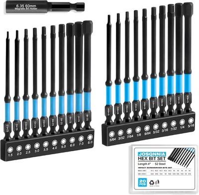 Allen Wrench Drill Bit Set 1/4'' Hex Shank - 20PC Metric & SAE Impact Blue 