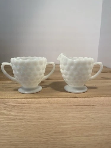 Vintage Anchor Hocking Milk Glass Bubble Pattern Sugar And Creamer Set