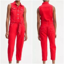 LEVIS HOT RED DENIM CROPPED TAPER JUMPSUIT WOMEN'S SIZE MEDIUM WITH DRAWSTRING