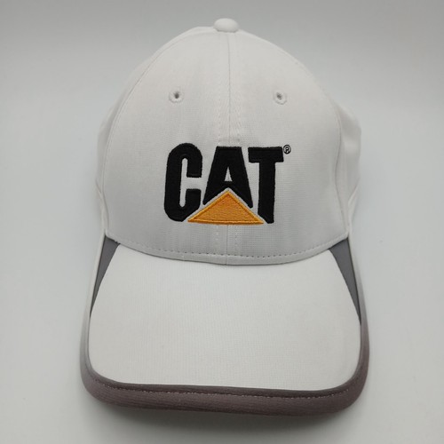 Caterpillar CAT Hat Advertising Cap Strap Back White Gray Trim Black Script Logo - Picture 21 of 24