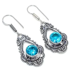 Swiss Blue Topaz Gemstone Handmade925 Sterling Silver Jewelry Earring Size 1.60"