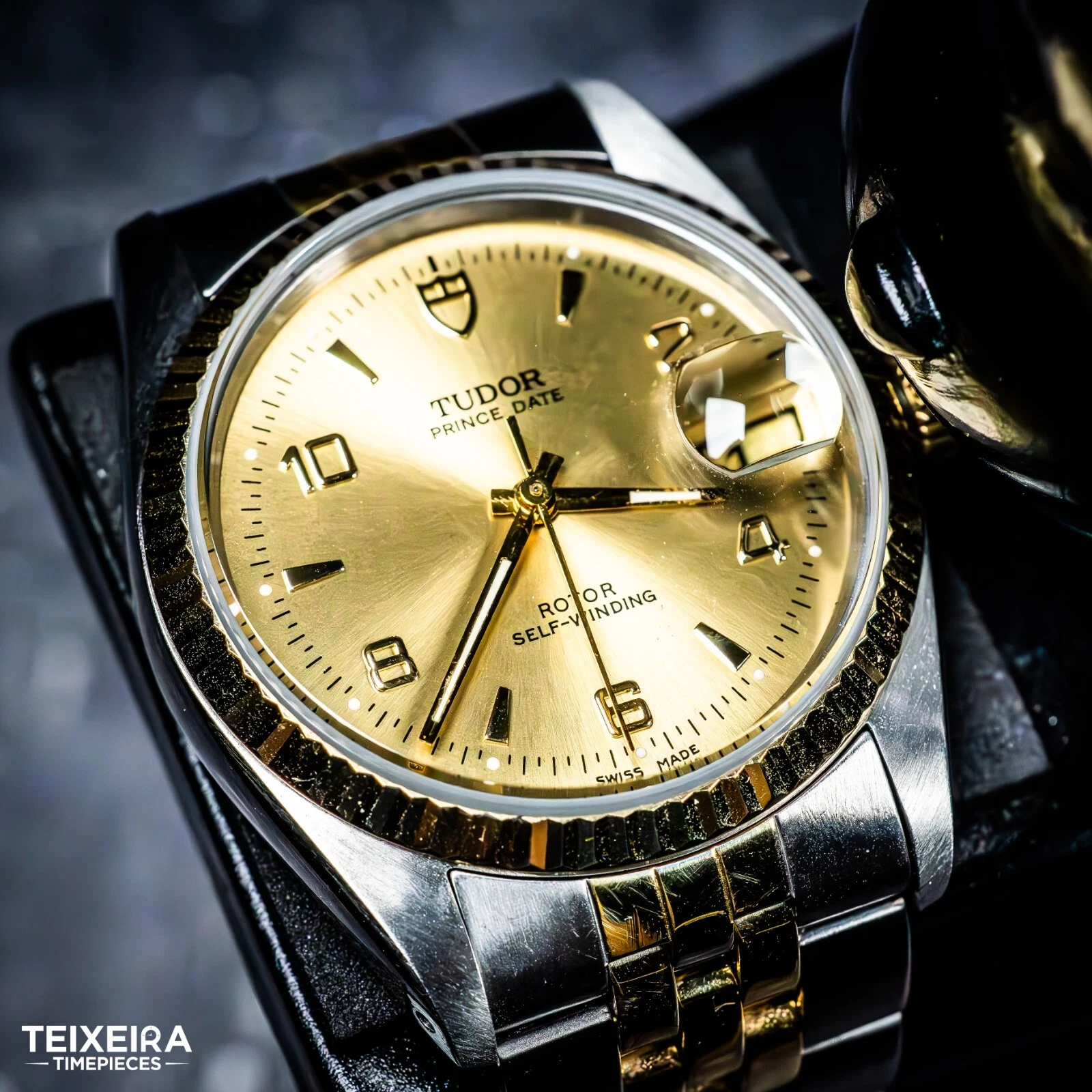 Tudor Prince Date 74033 Champagne 18k Fluted Bezel and Jubilee