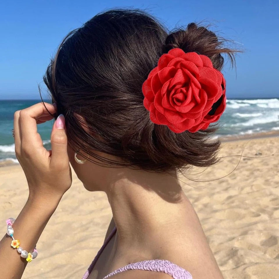 Pinza de pelo grande con flores rosa floral pinza de garra hawaiana boho mujer... Foto 3 de 4