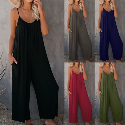 Womens Ladies V-neck Hareem Jumpsuit Pure Beach Harem Summer Jumpsuit Play-suit