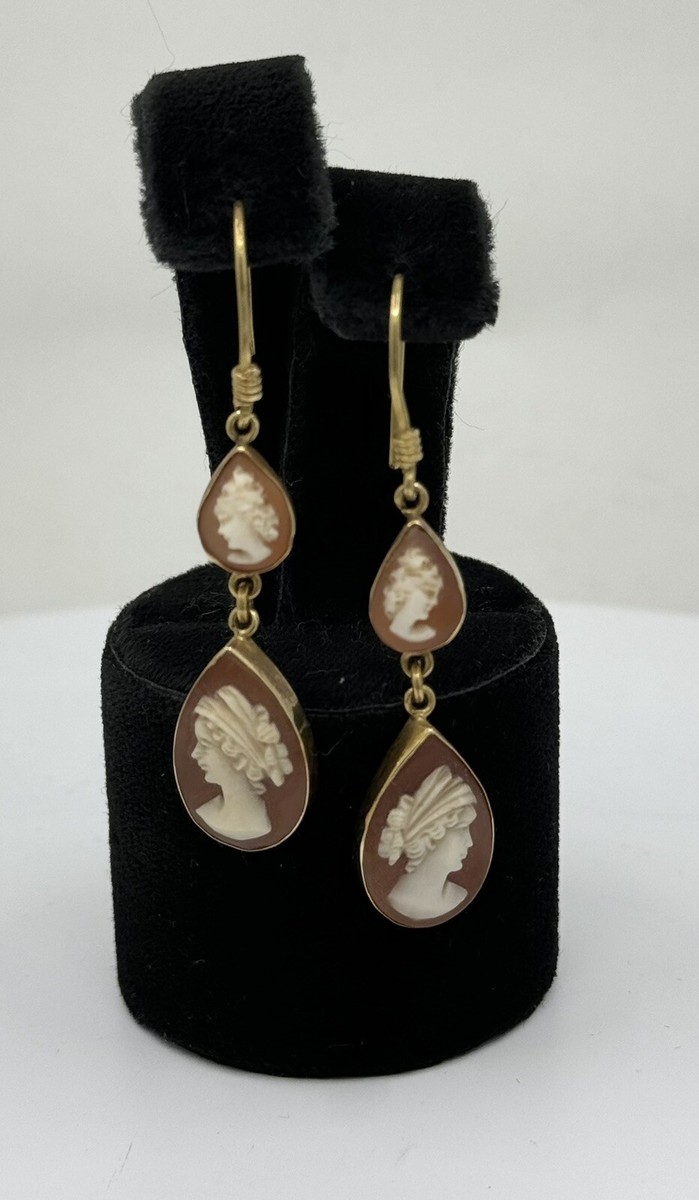 18KY Antique “Sisters” Carved Cameo Dangle Earrings View 2