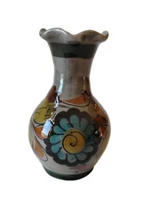 Mexican Folk Art Tonala Style Pottery Vase Floral Painted Glazed 5"
