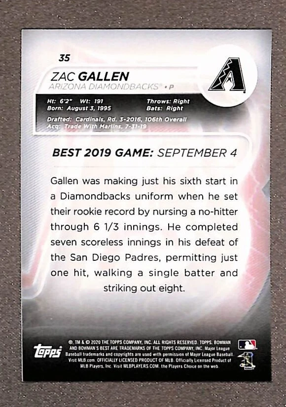 2020 Bowman's Best #35 Zac Gallen Rookie RC Blue Refractor Parallel SP #/150 - Image 2 of 3