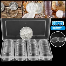 60X Coin Capsules Holder 39mm for 1 OZ Silver or Copper Rounds with Storage Box